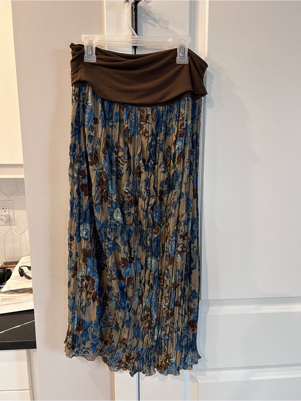 Gilmour Blue Floral Pleated Midi Skirt Flowy Lightweight Boho Pull Up Waist